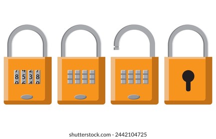 Collection of padlocks open and closed with a pin number and a keyhole.  Security or privacy element