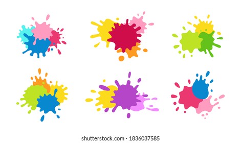 Collection Paint Splash Colorful Shape. Round Ink Flat Splatter, Decorative Shapes Liquids. Grunge Splashes, Drops, Spatters Cartoon Style. Holi Spring Festival Set. Isolated Vector Illustration