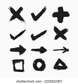 Collection of paint strokes with brush shape symbols and arrows