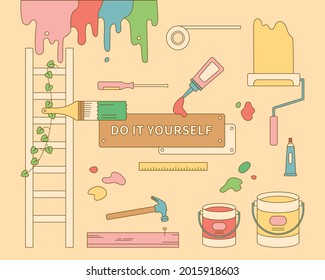 A collection of paint tools for DIY self-interiors. Outline simple vector illustration.