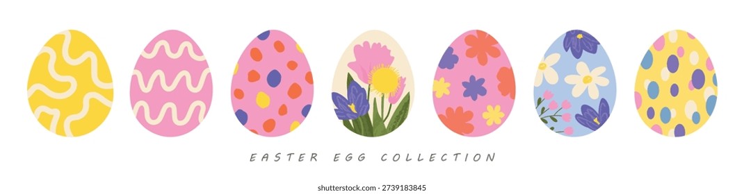 Collection of painted Easter egg designs in trendy flat style with various patterns for festive spring promotional materials and greeting cards, vector illustration