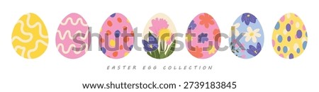 Collection of painted Easter egg designs in trendy flat style with various patterns for festive spring promotional materials and greeting cards, vector illustration