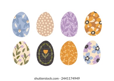 Collection of painted Easter eggs. Flat style illustration isolated on background. Easter cartoon collection for brands, cards, decor, children books and posters. 