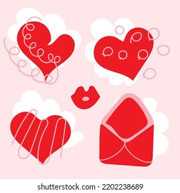 Colección de corazones rojos pintados y sobre un fondo de nubes blancas. Elemento independiente aislado para tarjetas de felicitación, invitaciones, día de San Valentín, diseño scrapreserve.