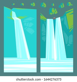 Collection of painted stones and waterfalls, vector illustration.