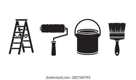 Collection of painting tools featuring a ladder, paint roller, paint bucket, and brush, ideal for home improvement, decorating, and renovation projects.