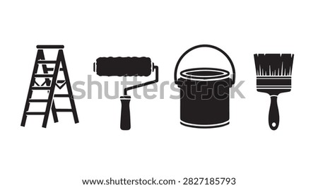 Collection of painting tools featuring a ladder, paint roller, paint bucket, and brush, ideal for home improvement, decorating, and renovation projects.