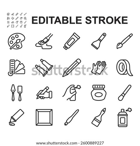 A collection of painting tools icons. Thin line vectors. Contains icons such as brush, paint and more.