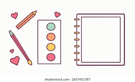 Colección de herramientas de pintura incluyendo pinceles y latas y conjunto de iconos de acuarela
