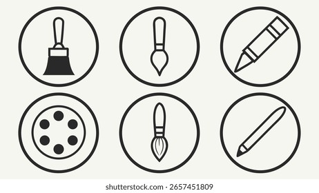 Collection of painting tools including brushes and cans and watercolo icons set