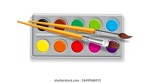 Collection of paints and brushes isolated on white background. Art supplies for creative painting, craft or illustration in detailed vector style
