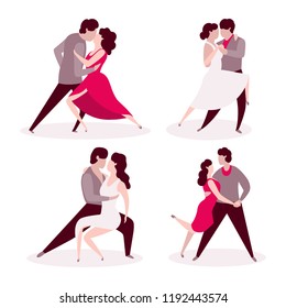 Collection of pairs of dancers. Men and women performing dance at school, studio, party. Male and female cartoon characters dancing tango. Vector illustration