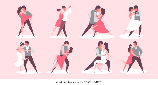 Collection of pairs of dancers. Men and women performing dance at school, studio, party. Male and female cartoon characters dancing tango. Vector illustration