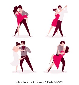 Collection of pairs of dancers. Men and women performing dance at school, studio, party. Male and female cartoon characters dancing tango. Vector illustration