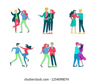 Collection of pairs of dancers. Men and women performing dance at school, studio. Male and female characters. Group of young happy dancing people. Smiling young men and women enjoying dance party