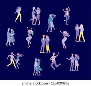 Collection of pairs of dancers. Men and women performing dance at school, studio. Male and female characters. Group of young happy dancing people. Smiling young men and women enjoying dance party