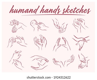 Collection of pairs of human hands in different gestures and cosmetic skin care posses isolated on white background. Vector flat hand drawn illustration. For banners, ads, emblems, tags, logo etc.