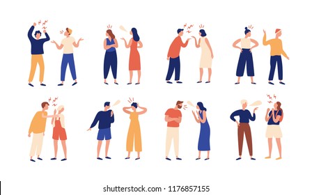 Collection of pairs of people during conflict or disagreement. Set of men and women quarreling, brawling, bickering, shouting at each other. Colorful vector illustration in flat cartoon style.