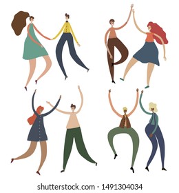 Collection of pairs young dancing people. Happy male and female dancers isolated on white. Smiling men and women characters enjoying dance party. Colorful vector illustration in flat cartoon style.