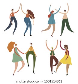 Collection of pairs young dancing people. Happy male and female dancers isolated on white. Smiling men and women characters enjoying dance party. Colorful vector illustration in flat cartoon style.