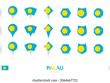 Collection of the Palau flag in different shapes and with three different effects. Vector flag set.