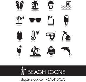 Collection of palm tree, swimming pool, sunglasses, boats, sun, hotel and more beach icons.