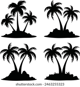 Collection of palm trees islands silhouette. Hand drawn vector art. white background