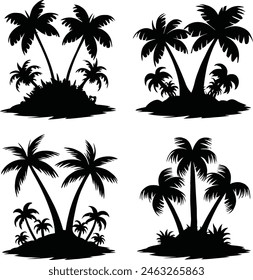 Collection of palm trees islands silhouette. Hand drawn vector art. white background