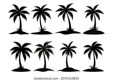 Collection of Palm trees vector silhouette isolated on a white background, Tropical palm tree black clipart. Tropical palm trees in illustratio