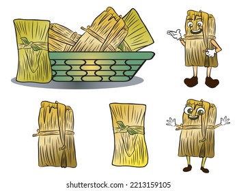 Collection of pamonha brazilian food illustrations. Includes two mascots, two pamonhas and a basket. Vectors isolated on white background.