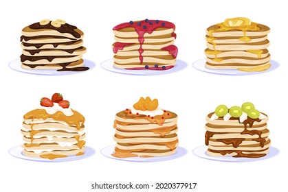 Collection of pancakes filled jam, berries and fruits vector flat illustration. Set sweet delicious dessert food serving on plate isolated. Stacked hot homemade breakfast dish with cream and chocolate