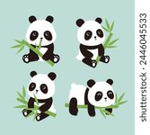 Collection of panda with bamboo leaves elements. Panda cliparts for  fabric textile print wrapping paper design. Vector illusrtation.