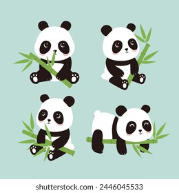 Collection of panda with bamboo leaves elements. Panda cliparts for  fabric textile print wrapping paper design. Vector illusrtation.