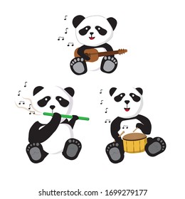 A collection of panda designs playing music.