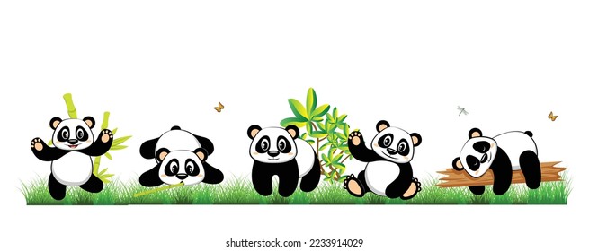 Kollektion von Panda-Objekt Set mit Bambusgras und Schmetterling.
Vektorgrafik