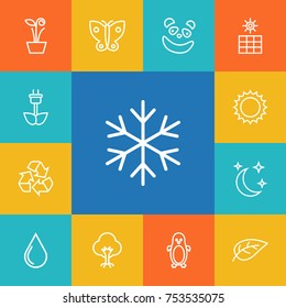 Collection Of Panda, Snowflake, Water Drop Elements.  Set Of 13 Nature Outline Icons Set. 
