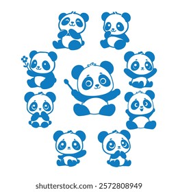 Collection of panda in vector art style. Panda Silhouette.