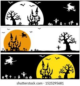 collection of panorama backgrounds with dark castle and witch in front of full moon with scary illustrated elements for Halloween layouts