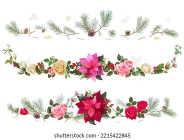 Collection of panoramic headers. Roses, poinsettia flower (New Year Star), pine branches, cones. Horizontal borders for Christmas on white background, realistic digital draw, watercolor style, vector