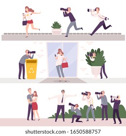 Collection of Paparazzi with Cameras Following Celebrities, Famous People Posing to Photographers at Movie Festival, Premiere, Ceremony Show Flat Vector Illustration