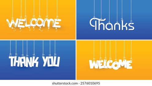 Collection of paper art of welcome, thank you, and thanks, are formed from paper cutouts that appear to be hanging from strings capital lettering hanging