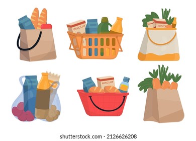 Collection of paper bag and baskets with Fresh Food, Different food and beverage products, grocery shopping. Fruits, vegetables,  bread, milk in cartoon drawing flat,  vector illustration.