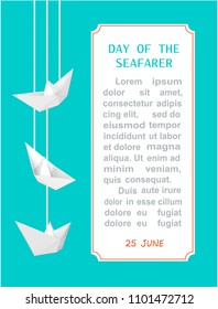 COLLECTION OF Paper boatS. Origami. White ship shape. Blue background. Wavy boarder. Waves. Day of seafarer. Holiday FLYER with place for your text.
