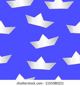 Collection of paper boats, seamless pattern vector. Navy blue and white backdrop with hand drawn icons set. Decorative wallpaper, good for printing.