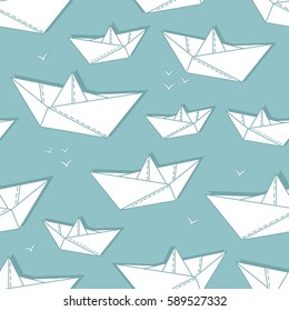 Collection of paper boats, seamless pattern vector. Blue and white backdrop with icon set. Decorative wallpaper, good for printing. Maritime backdrop, flat thin icons