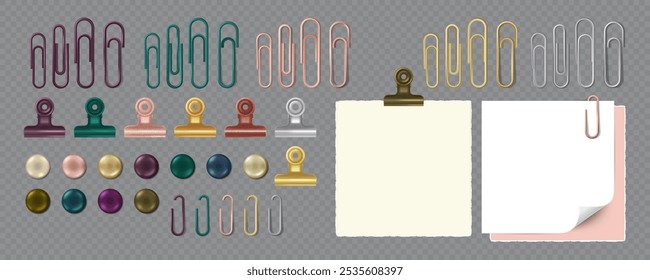 Collection of Paper clips, Banner Drawing Pins, and Paper holders, binders. Realistic Vector illustration