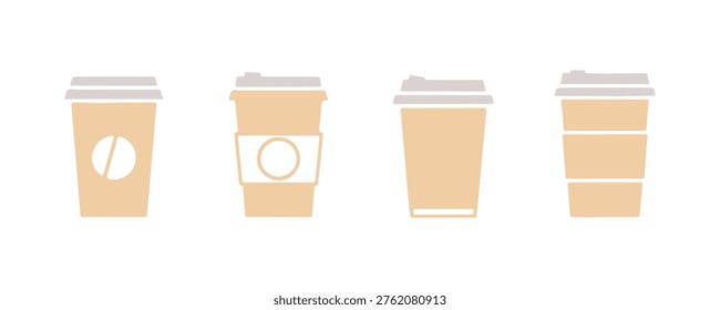 Collection of paper coffee cups with various designs, isolated on white.