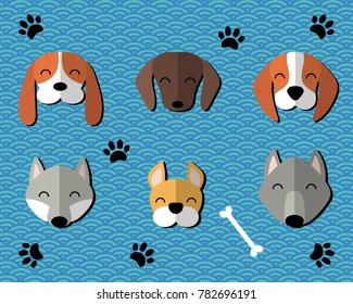 Collection of paper cut cute funny cartoon dogs of different breeds. Isolated objects. Vector illustration. Design concept for children.