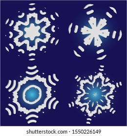Collection of paper cut isolated snowflakes on blue background.  Effective concept accurate forms and colors. Vector illustration templates. White new year and xmas modern trend design 3d elements.