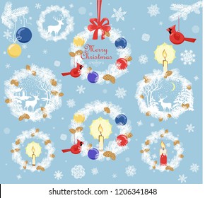 Collection paper cut out xmas wreath with conifer branches, cone, candle, reindeer, hanging northern cardinal bird toy and balls and paper snowflakes